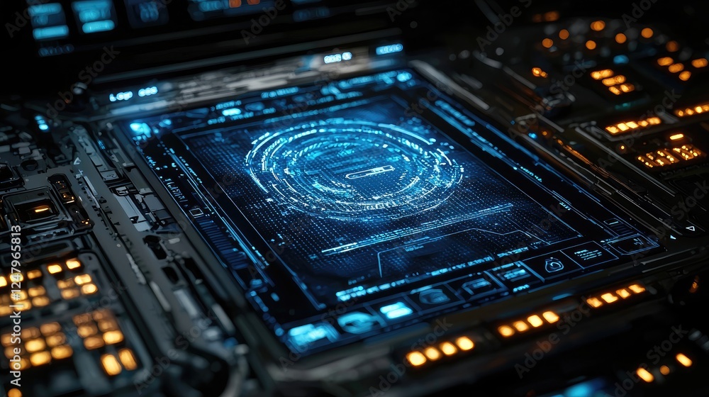 Poster futuristic technology interface: cyberpunk digital screen display. a captivating visual of a sleek, 