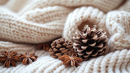 Pine cones and anise rest on a white sweater against a white background with blank space.