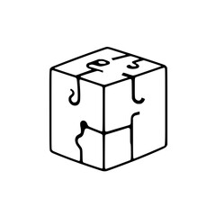 Black-and-white puzzle-piece cube on a white background, outline, geometric with creative interlocking design, and a modern feel.