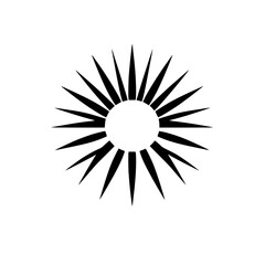 A minimalist black-and-white sunburst illustration against a plain white background, featuring a central white circle and sharp points emanating outwards.