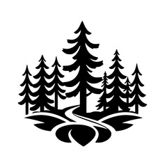 Forest Silhouette: Black ink drawing of fir trees, path, and stylized nature.