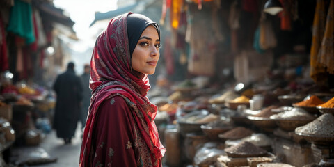 Obraz premium Beautiful muslim woman isolated against a city background business woman smiling in front of an office buildings. Young woman wearing a hijab. generative AI