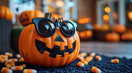 This elegant Halloween trick or treat concept showcases thematic elements, including mini pumpkins, a bone bag with candy corn sweets, and spider party glasses.