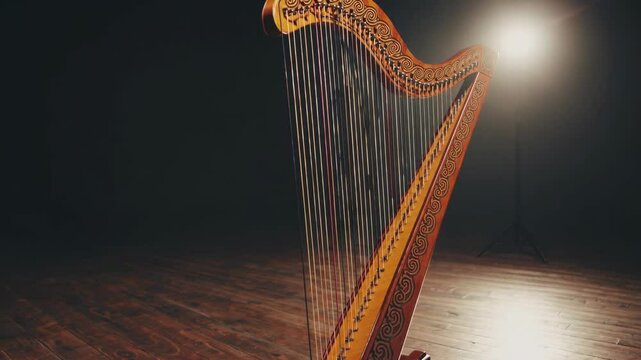 A beautifully crafted wooden harp stands in a softly illuminated studio, highlighting its ornate design. The inviting ambiance suggests a space ready for musical exploration and creativity.