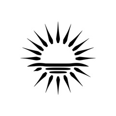 Minimalist Black and White Sun Icon: Rising Sun with Pointed Rays, Symbolic Design on White Background.