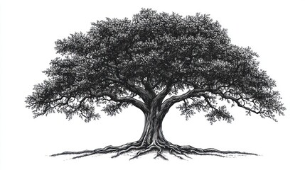 Majestic oak tree, sprawling roots, white background, nature illustration, design element
