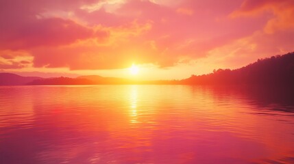 Obraz premium Serene Sunset Over Calm Lake And Mountains