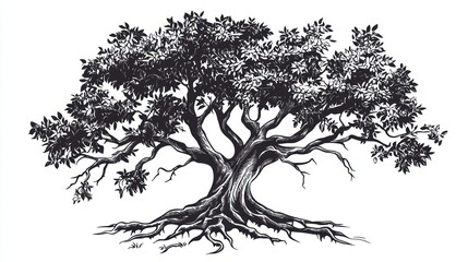 Ancient oak tree illustration, roots visible, white background, nature design