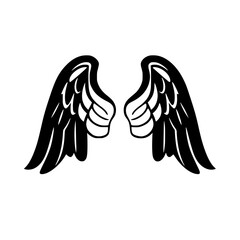Black wings, white background, angelic silhouette, wingspan, and wing shape.