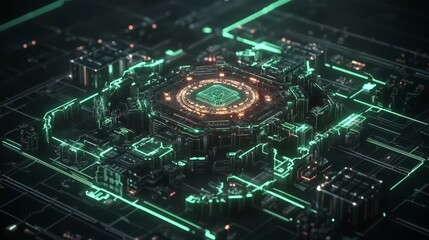 Abstract Futuristic Technology Circuitry Glowing Green Energy Core Network Digital Data