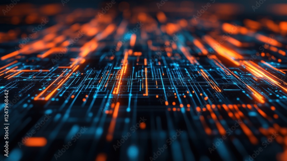 Poster futuristic digital network with glowing lines and dots in blue and orange hues over a dark backgroun