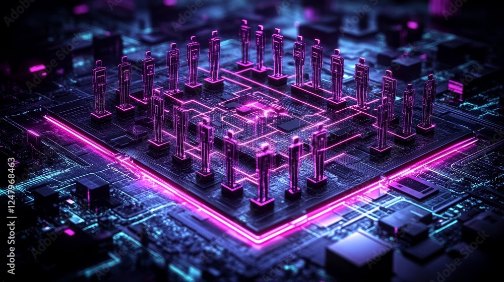 Poster abstract futuristic technology chipset microprocessor neon glowing circuit board digital innovation