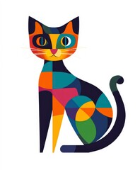 Colorful Geometric Cat Illustration with Bold Shapes and Patterns