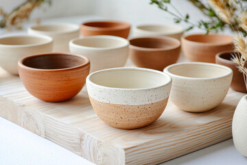Earthy toned pottery bowls being painted by hand, a tribute to artisanal craftsmanship
