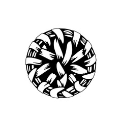 Black and white illustration of a stylized, circular woven pattern with bold lines and a contrasting negative space within.