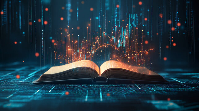 A digital illustration of an open book on a desk with glowing futuristic background, An open book in a mystical library glowing digital elements, and Vibrant digital matrix raining over an open book.