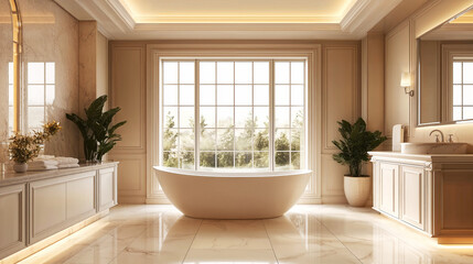 Fototapeta premium luxurious bathroom features freestanding bathtub centered in front of large window, surrounded by elegant decor and soft lighting. serene atmosphere is enhanced by plants and marble accents