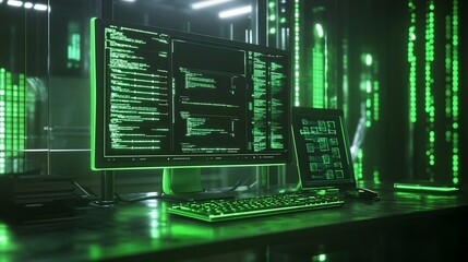 Green illuminated coding setup with multiple screens and digital data flow background