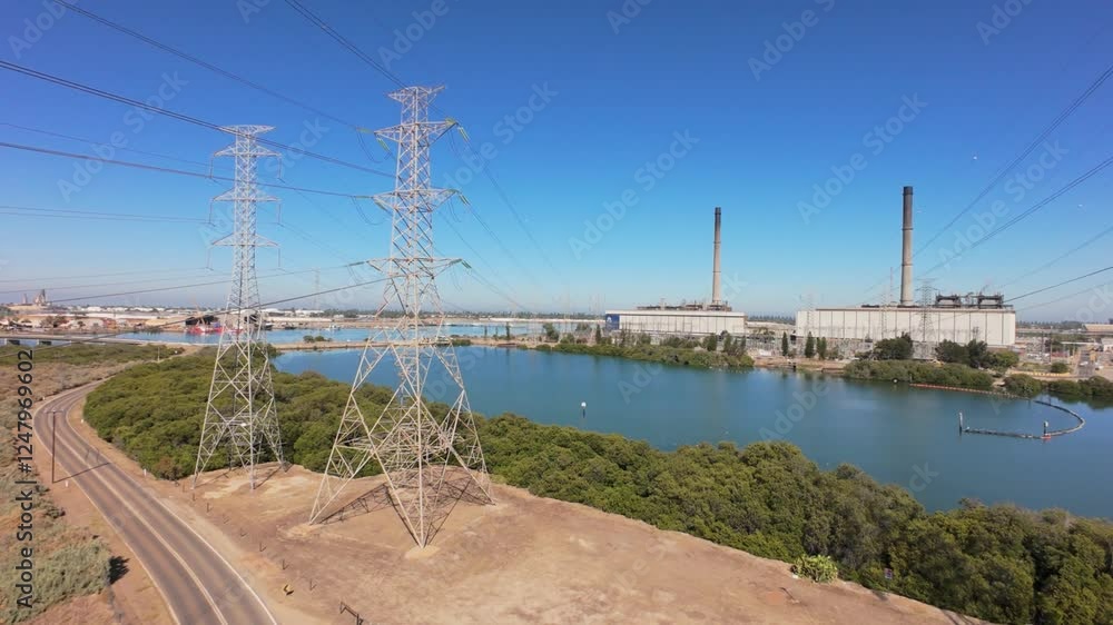 Poster drone flying towards a power station in between power lines on a sunny day in australia 4k 50p