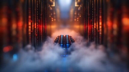 Futuristic data center with glowing servers and fog, showcasing advanced technology environment