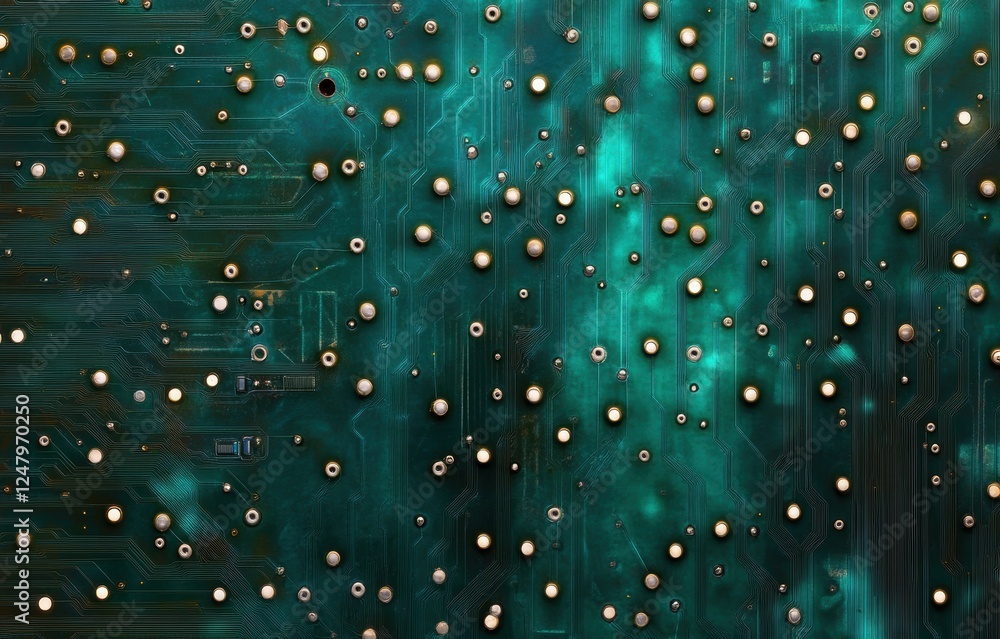 Poster a close-up view of an intricate circuit board, featuring a mesmerizing pattern of metallic pins, tra