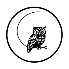 Black Owl Perched on Branch within a Crescent Moon Circle, minimalist illustration.