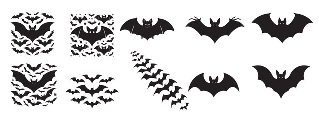 Black bat silhouette set. White background