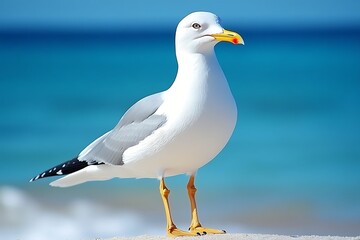 Obraz premium Coastal Seagull, Beach, Ocean, Alert Pose