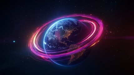 Fototapeta premium The earth surrounded by a ring of pink energy with stars in the background