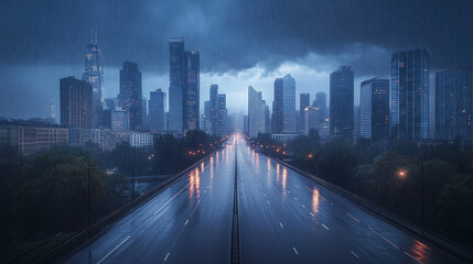 Fototapeta premium City skyline at rainy weather view from bridge, urban cityscape architecture at thunderstorm. Metropolis with empty road, skyscraper buildings, town or downtown district, Cartoon vector illustration