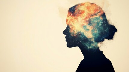 Silhouette of a woman's profile filled with a nebula and galaxies representing thought and imagination