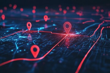 Red location markers on digital city map, glowing network