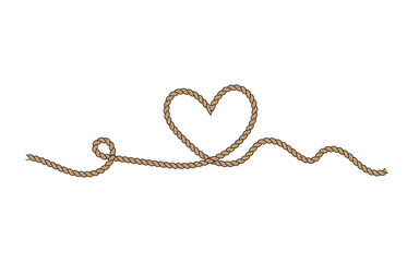Vector illustration of heart shape rope style decoration element. Linear love heart design formed with rope