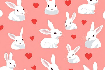 Cute white bunnies pattern with hearts on pink