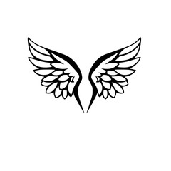 Black and White Winged Silhouette of Angel Wings, Vectorized, Isolated on White.