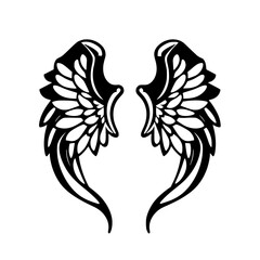 Fototapeta premium Sleek, black and white angel wing illustration on a white background.