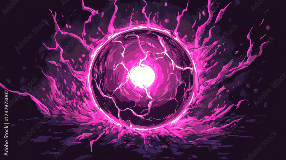 Poster magic electric lightning ball animation sprite for game vector design. pink thunder energy attack fx