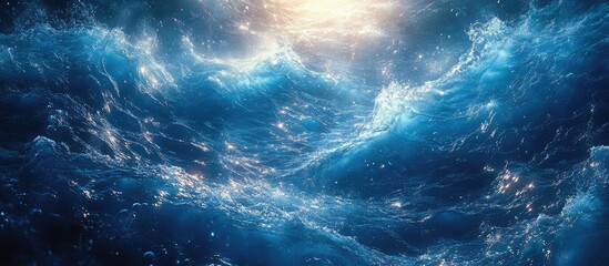Abstract digital design, vibrant blue background with scattered bright white and light blue dots, creating a dynamic, effervescent effect, resembling a futuristic water or space phenomenon, with soft