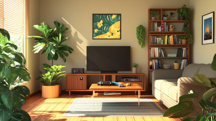 Living room interior set with sofa, tv and play console with joystick, potted plant. Vector cartoon illustration of lounge with coffee table and wooden bookshelf abstract painting isolated on white