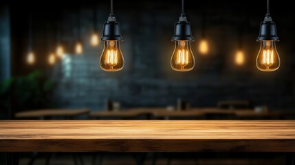 Obraz premium A warm ambiance is created by hanging vintage Edison bulbs above a rustic wooden table, enhancing the inviting atmosphere of a modern café or home setting.