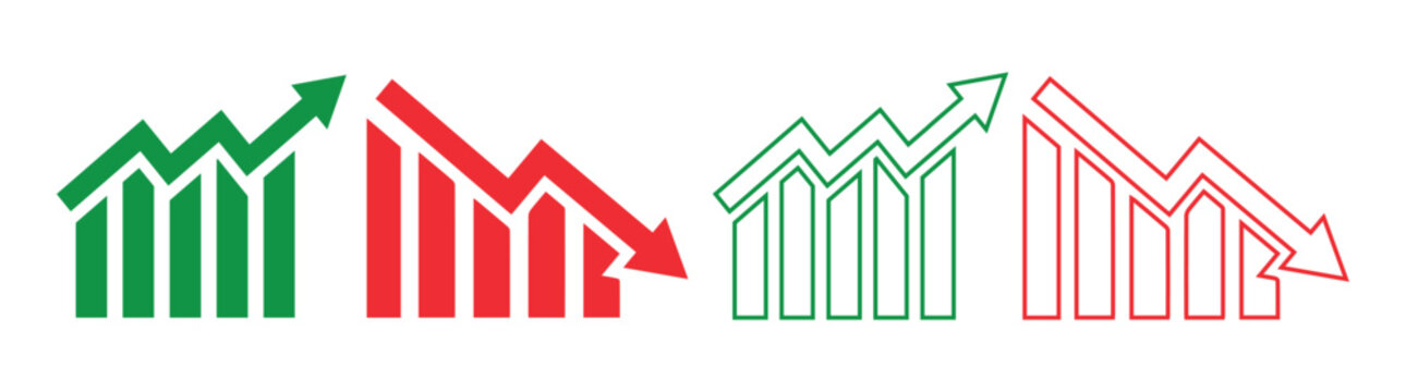 Business growing  chart with arrow, growing graph icon set. A red and green arrow going up and down. simple increase and decrease bar symbol. Vector illustration.