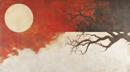 Dramatic artwork featuring a bright moon against a red sky contrasted with bare tree branches silhouetted against a divided horizon