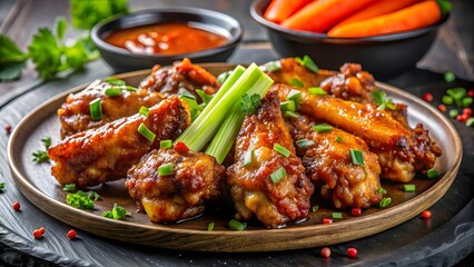 Fototapeta premium Ramadan Feast – Crispy Spicy Chicken Wings with Sweet Barbecue Sauce and Appetizers