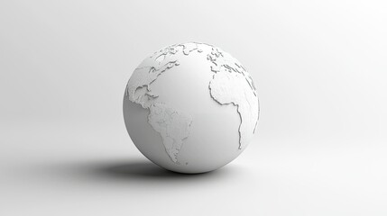 A minimalist 3D illustration of a white globe featuring black outlines of continents,
