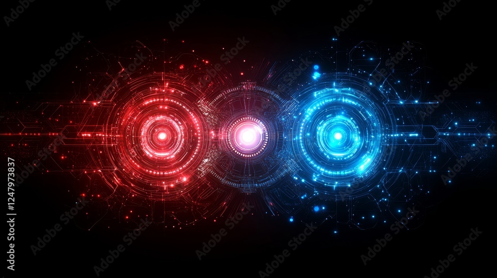 Poster abstract futuristic technology background red blue glowing circles energy network digital data strea