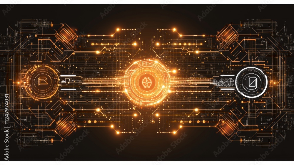 Poster abstract futuristic technology background glowing orange circuit board network digital data stream i