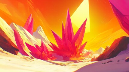 Vibrant Crimson Crystal Formations in a Sunlit Desert Landscape  Abstract Digital Painting
