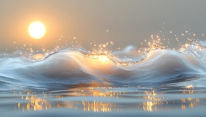 Abstract digital illustration of water waves at sunset, featuring shimmering particles and golden light reflections on the water surface.  Soft light, shimmering particles, and gentle waves