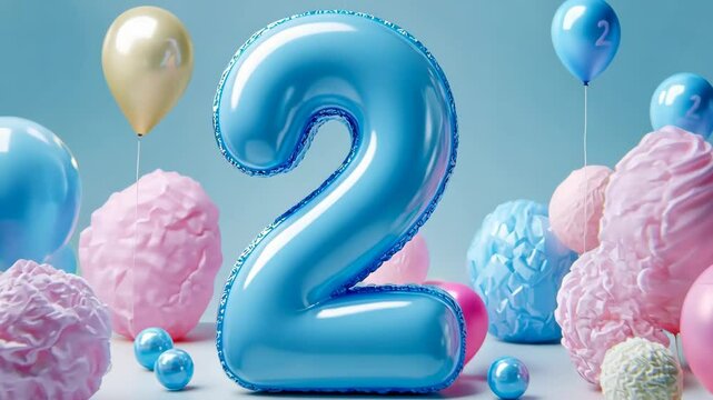 Celebration setup featuring large blue number two balloon and colorful decorations for a child's second birthday party