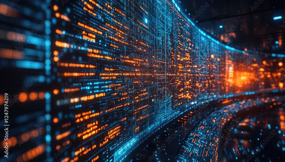 Poster abstract digital tunnel filled with glowing orange and blue code, creating a dynamic and futuristic 